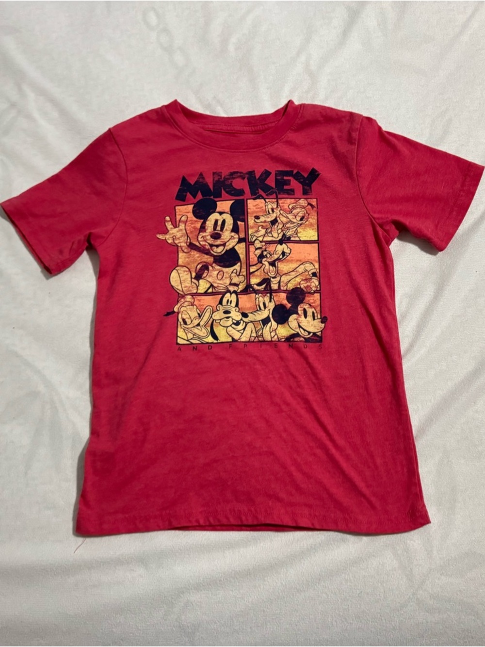 Disney Red Short Sleeve Tee with Mickey & Friends Panel Graphic